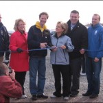 Bedford Councillor Tim Outhit, MLA for Bedford-Birch Cove Kelly Regan, Mayor Peter Kelly, Chamber of Commerce President Valerie Payn, MLA for Hammonds Plains-Upper Sackville Mat Whynott and President and CEO of the Waterfront Development Corporation Colin MacLean get ready to cut the ribbon.