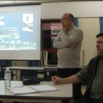 B SPAT Chair Mark Ward of (left) and HRM Community Developer Darren Hirtle listen attentively to questions and comments from B SPAT members and Bedford residents hoping to get a skate park in Bedford.