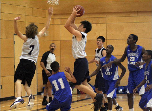 Bedford's Jesse Boudreau drives to the basket during a game against Quebec's Dawson Community Blues at the Under-14 Eastern Canadian Championships at Citadel High School on Friday. The Eagles lost 80-62. 