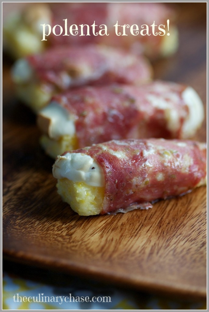 polenta sticks with smoked mozzarella wrapped in salami by The Culinary Chase