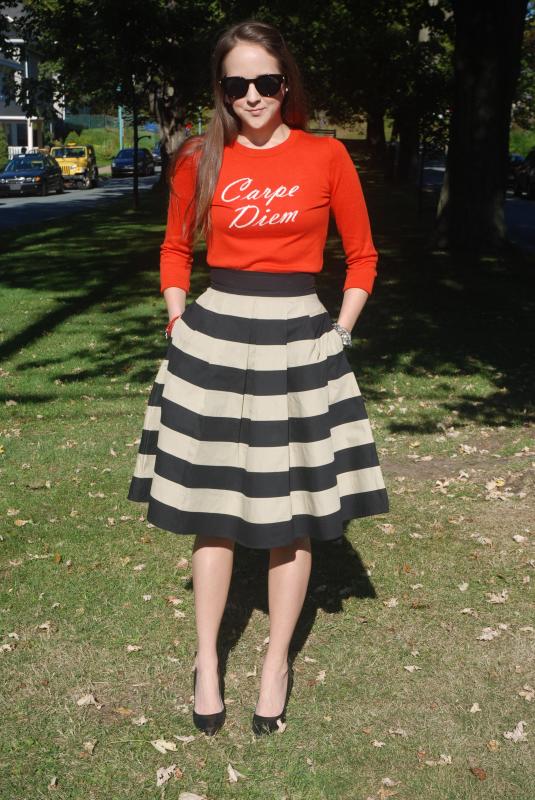Fall Fashion, Jumpers, Pullovers, Orange, Burnt Orange, Stripped skirts, Sunglasses, Polette Eyewear, Sunnies, Canadian Blogger, Instyle, Canadian Fashion, Style Blogger, Outfits, 