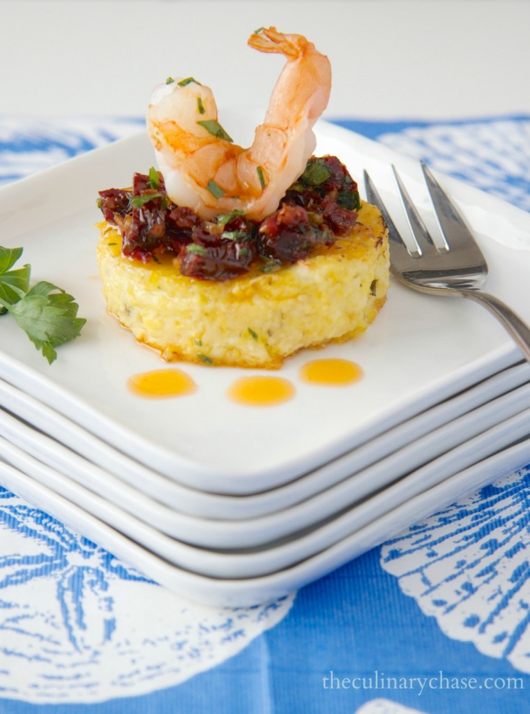 shrimp on polenta rounds by The Culinary Chase