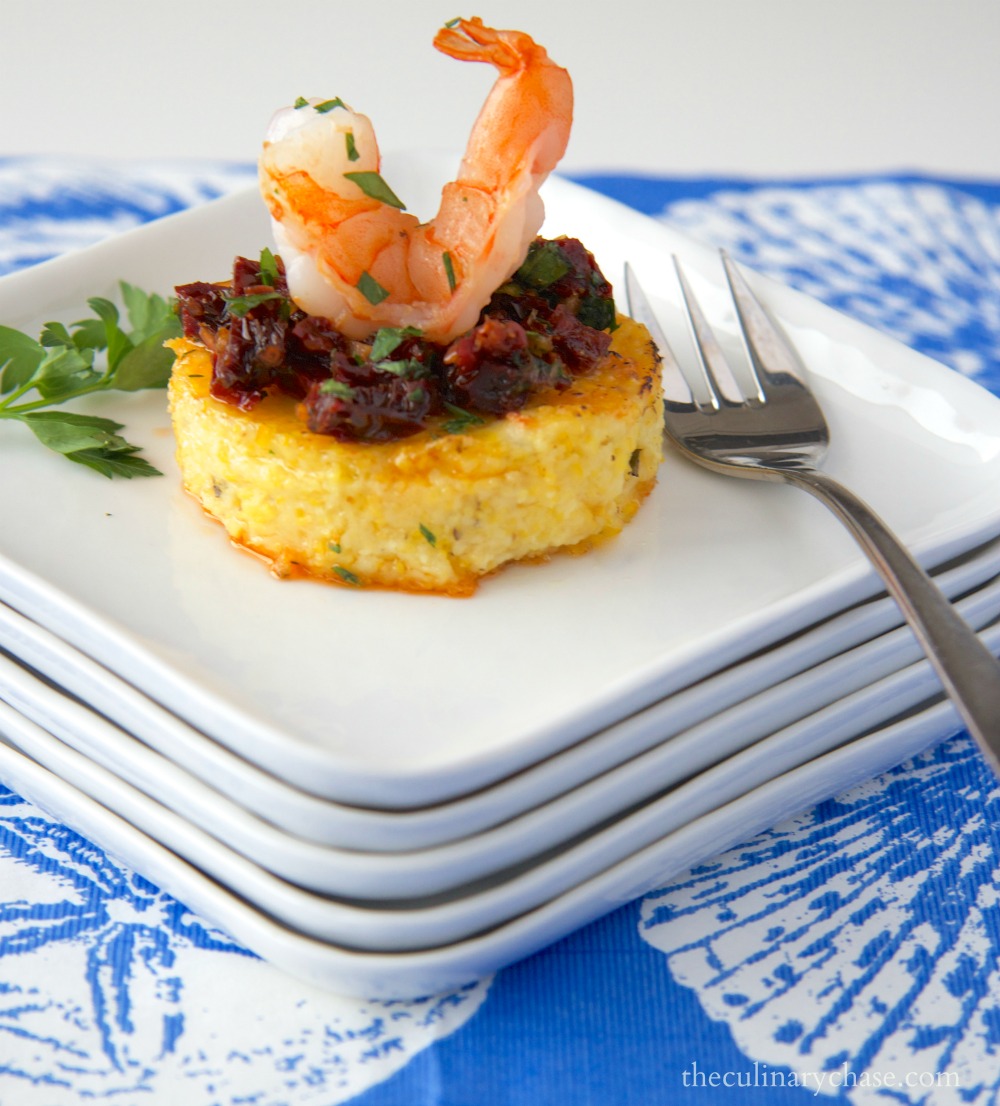 shrimp on polenta rounds with sun-dried tomato relish by The Culinary Chase