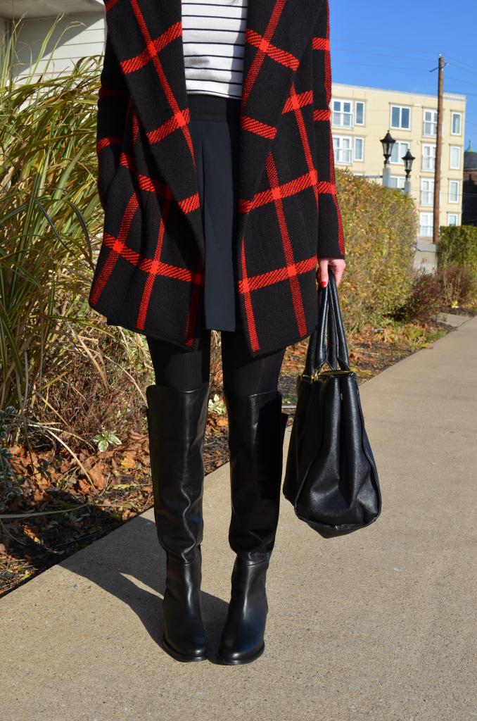 red plaid, sweater weather, sweater coat, le chateau, over the knee boots, skirts, canadain blogger