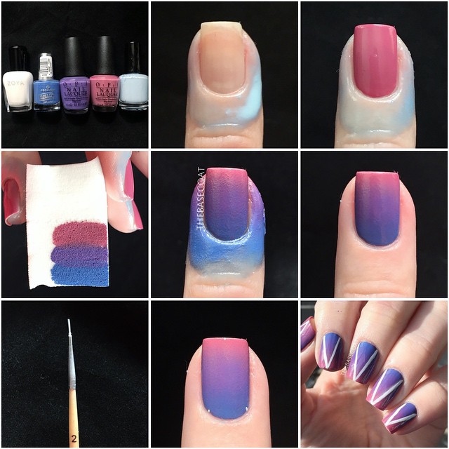 1. Gather your polishes! I like to have my bottles opened before I start. For this look, I used an opaque white, pink, purple, blue, and liquid latex. 2. Paint on your base coat.
