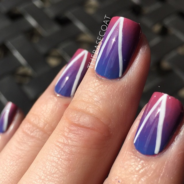 NOTD: blue to pink gradient with a white freehand chevron moon outline! Products used are OPI Just Lanai-ing Around, OPI Lost My Bikini in Molokini, Essence Via Airmail!, and Zoya Purity.