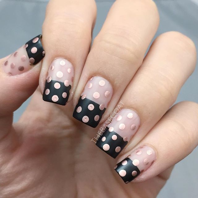 Inspired by a post by @essiecanada ?? Products used are: Essie Licorice Essie Penny Talk Essie Matte About You @WhatsUpNails Skinny Straight Tape (to get the straight line between my natural nail and the black tip) & A medium size dotting tool for the dots