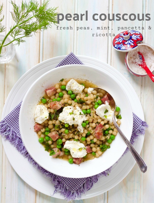 pearl couscous with fresh peas, mint, pancetta & fresh ricotta