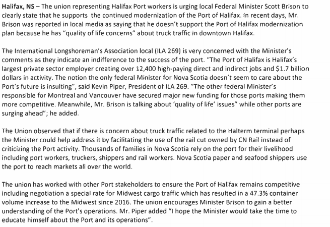 ILA269 Urges Feds to Support Port of Halifax.