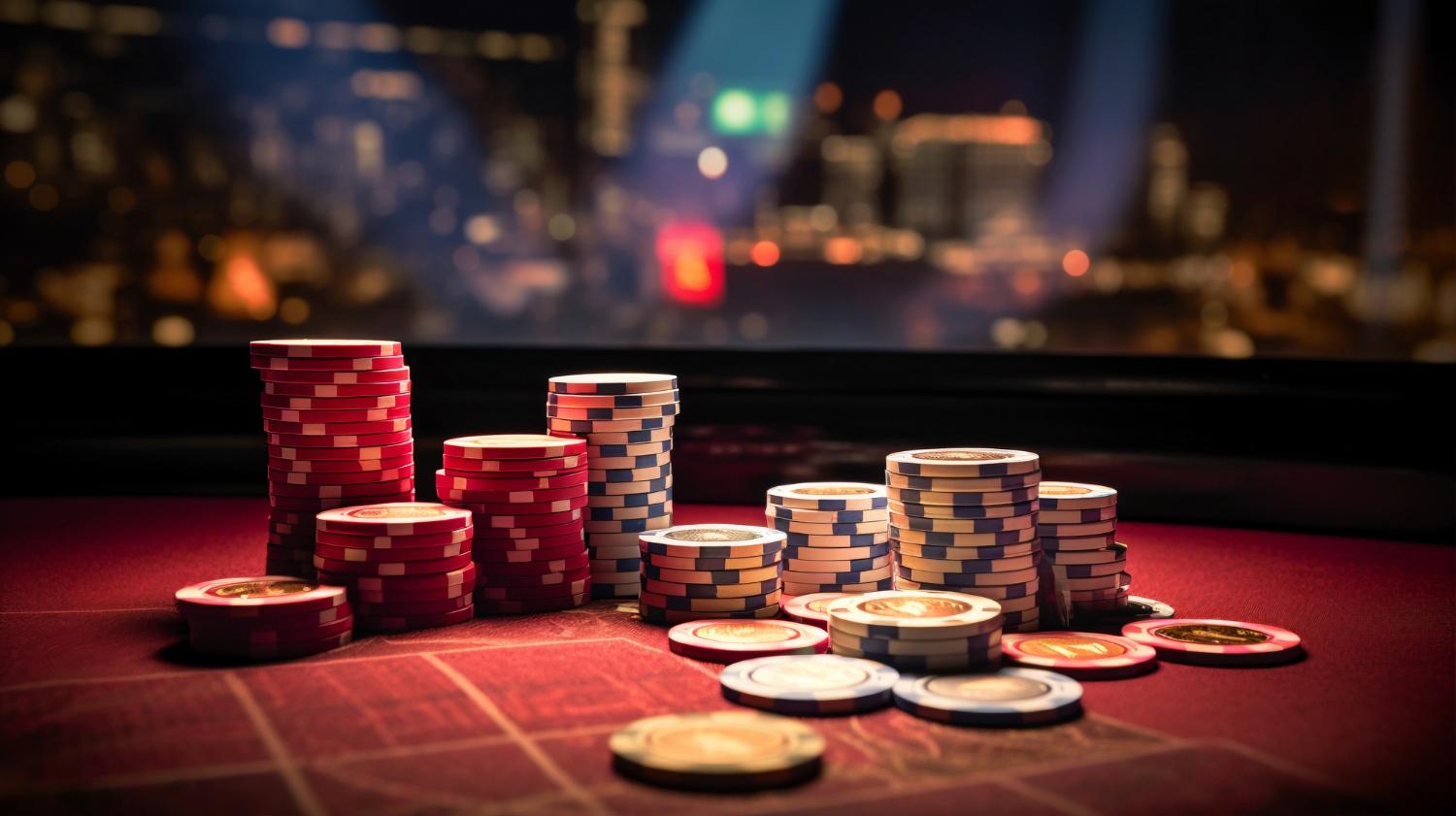 Stacks of colorful casino chips on a table with a blurry city nightscape in the background.